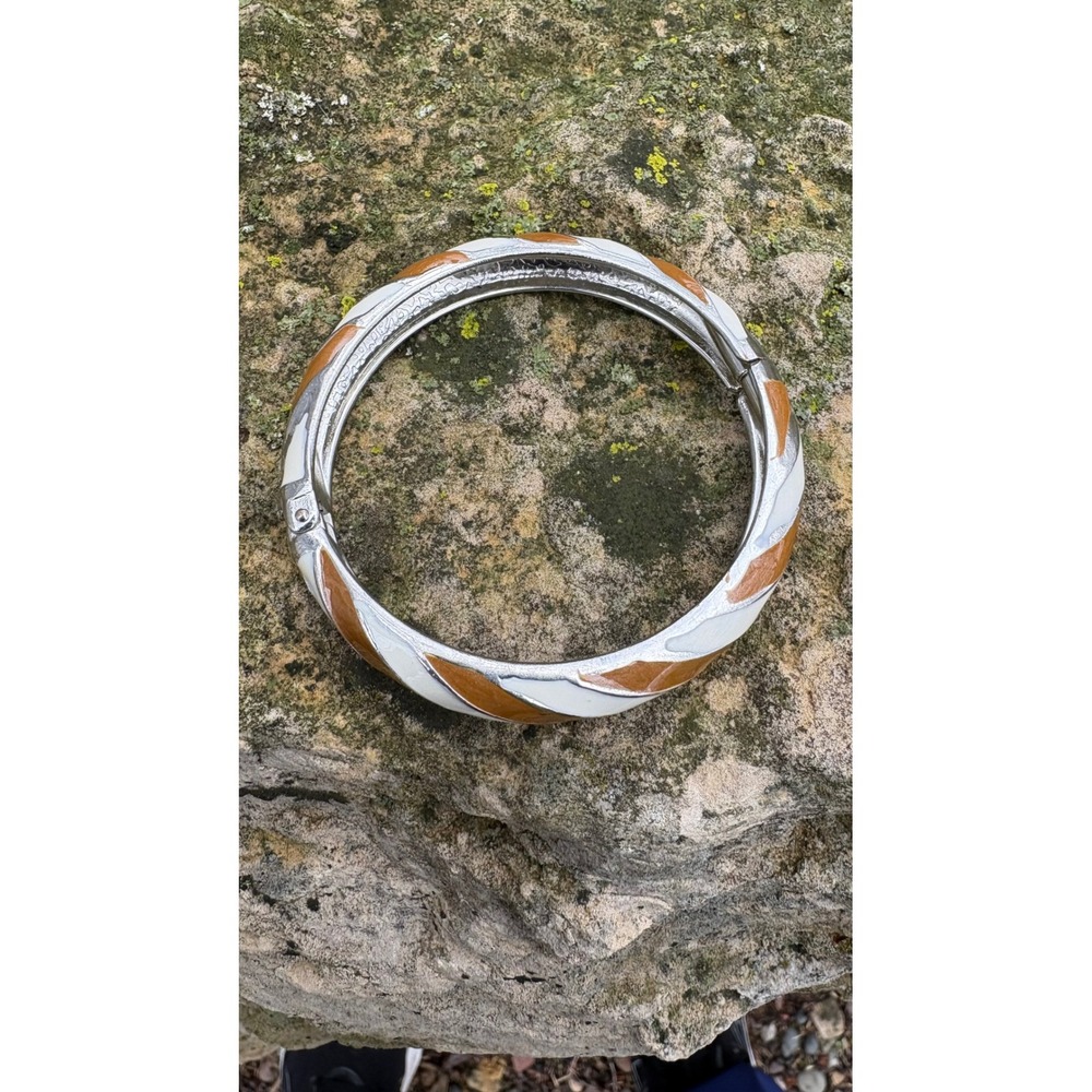 Vintage Enamel Hinged Bangle Bracelet White Brown Silver Tone Statement